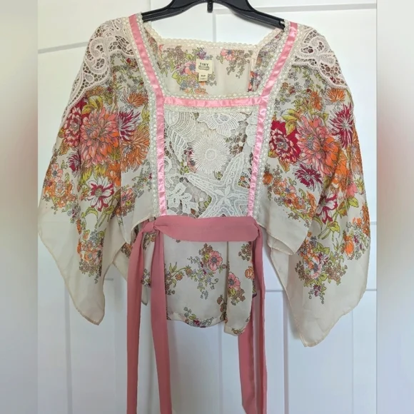 Anthropologie Floral Begonia Blouse Ribbon Small Petite Pink Orange Boho Tiny - Picture 3 of 5